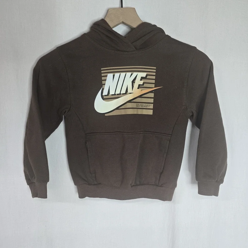 Nike‎ Boys Kids Hoodie Pullover Brown Spellout Logo Size M 5-6yrs